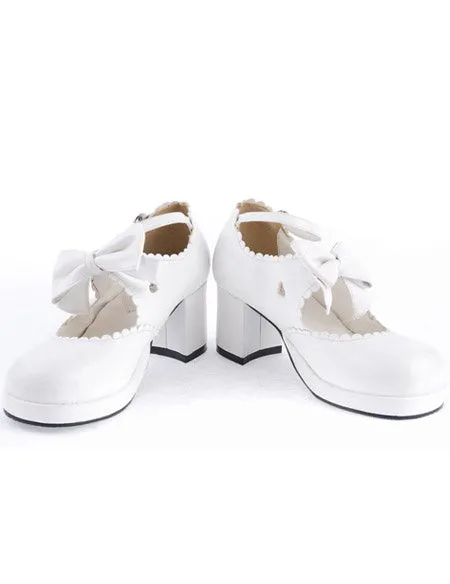 Sweet White Chunky Heels Lolita Shoes Ankle Strap Bow Decor Round Toe