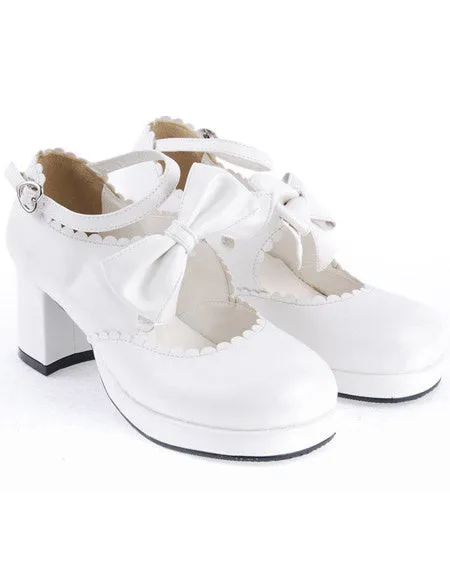 Sweet White Chunky Heels Lolita Shoes Ankle Strap Bow Decor Round Toe