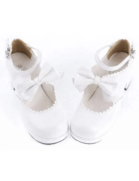 Sweet White Chunky Heels Lolita Shoes Ankle Strap Bow Decor Round Toe