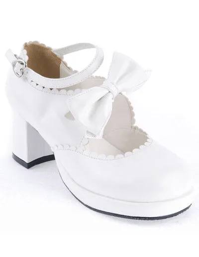Sweet White Chunky Heels Lolita Shoes Ankle Strap Bow Decor Round Toe