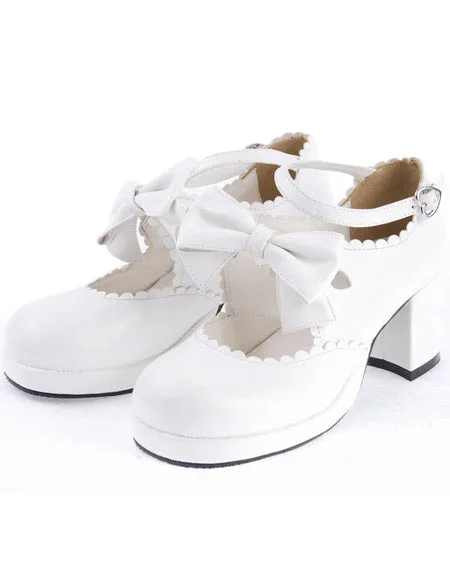 Sweet White Chunky Heels Lolita Shoes Ankle Strap Bow Decor Round Toe