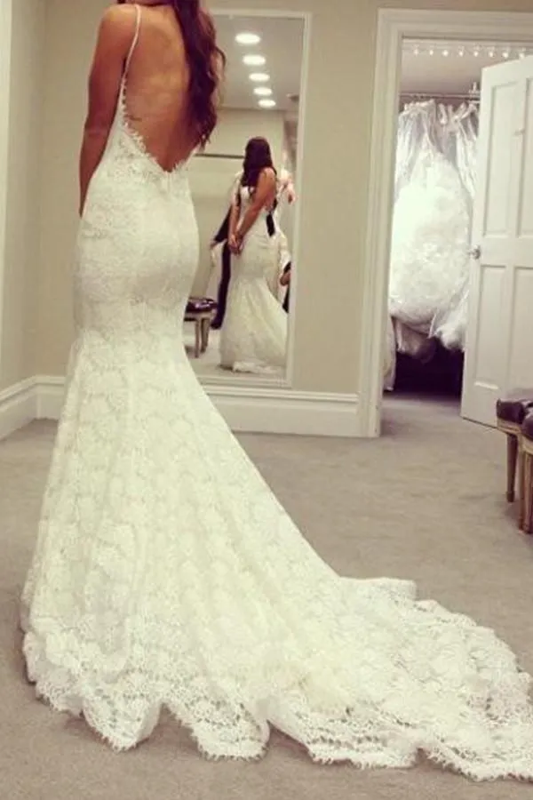 Sweetheart Lace Court Train Wedding Dress With Spaghetti Straps TN0053