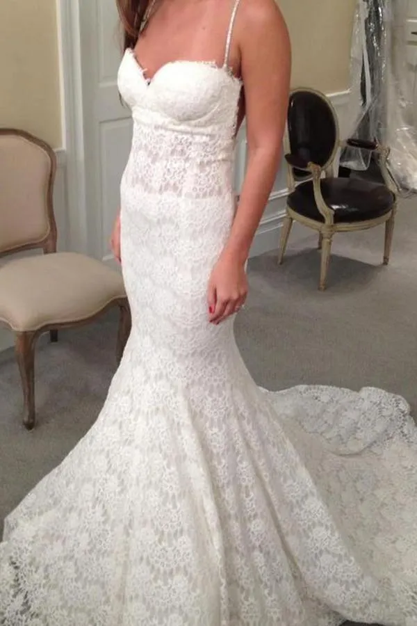 Sweetheart Lace Court Train Wedding Dress With Spaghetti Straps TN0053