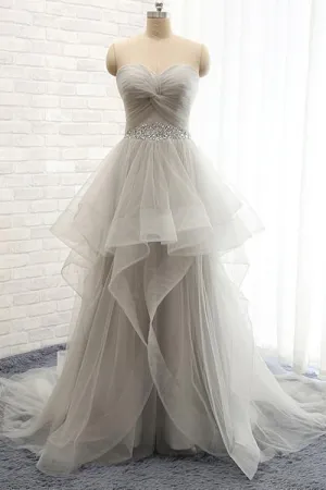 Sweetheart Long Tulle Gray Wedding Dresses with Beading PG 208