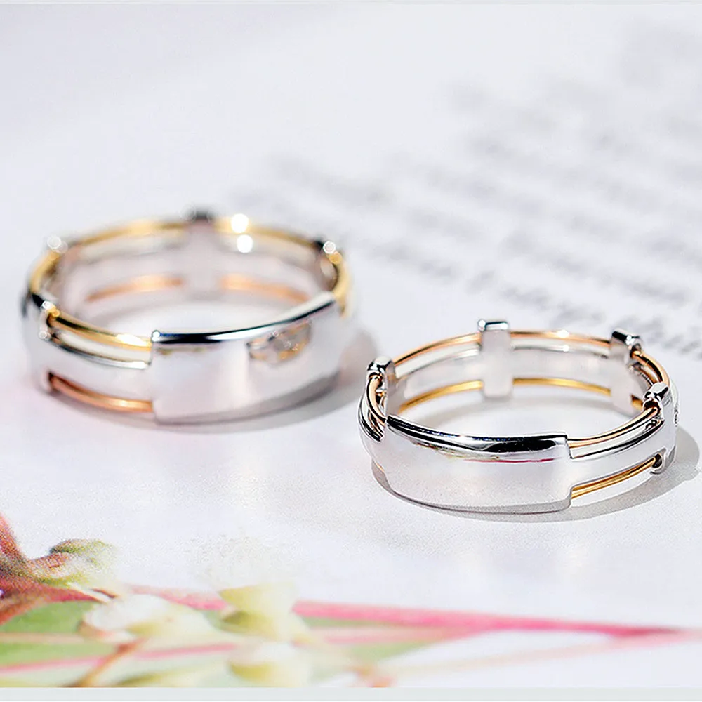 Three Tone Gold Diamond Couple Matching Wedding Rings
