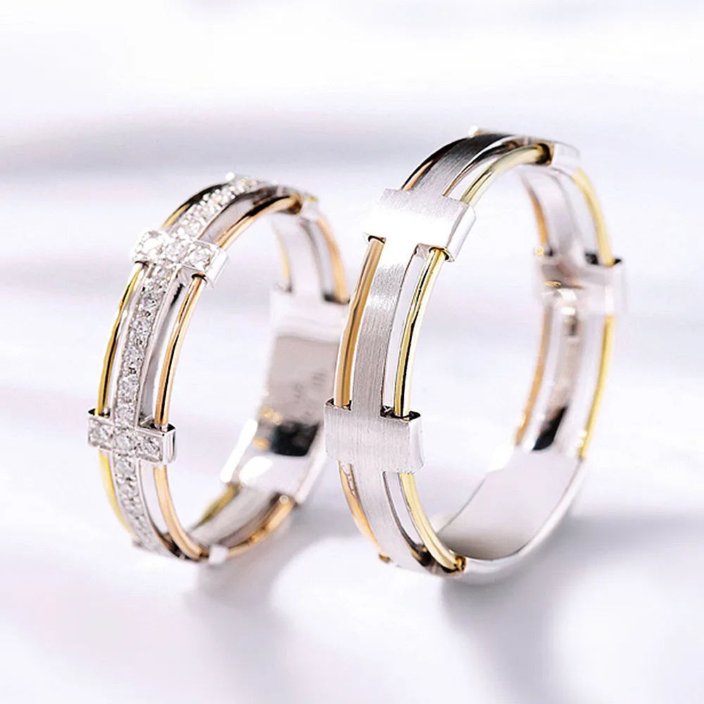 Three Tone Gold Diamond Couple Matching Wedding Rings