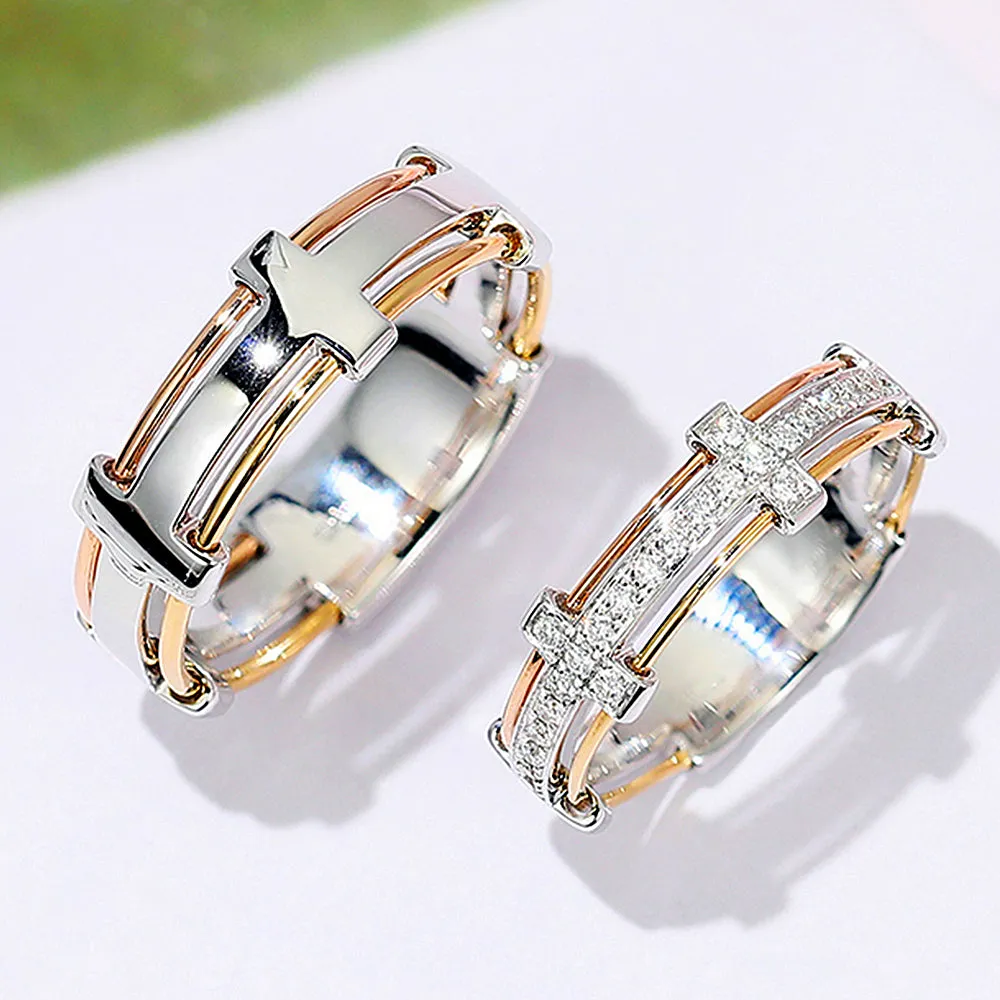 Three Tone Gold Diamond Couple Matching Wedding Rings