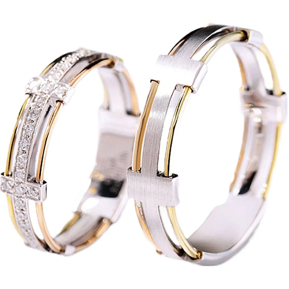 Three Tone Gold Diamond Couple Matching Wedding Rings