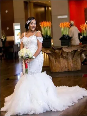 Trumpet Tulle Off Shoulder Wedding Dresses,Strap Court Train Beading Wedding Dresses