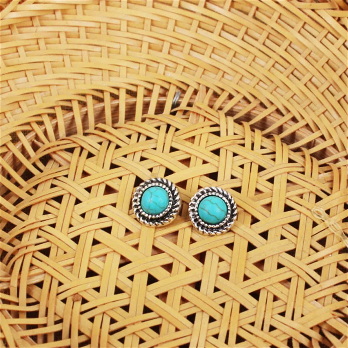 Turquoise & Silver-Plated Round Stud Earrings