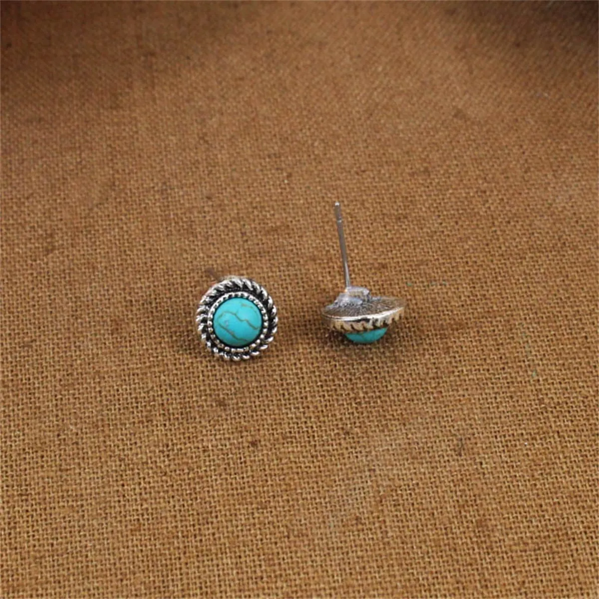Turquoise & Silver-Plated Round Stud Earrings