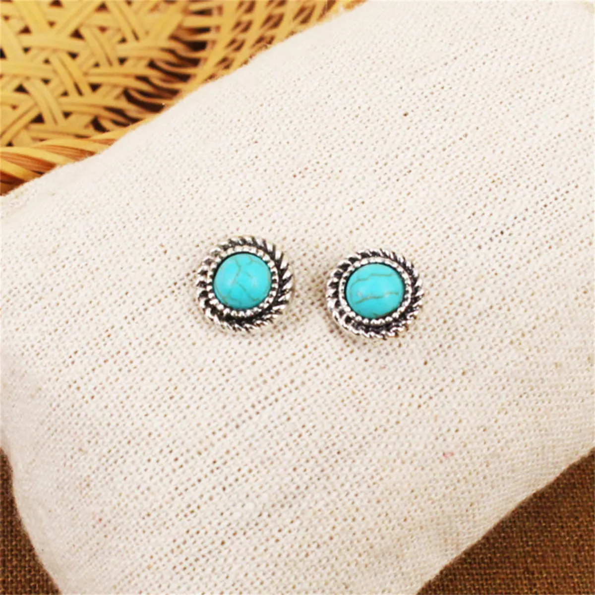 Turquoise & Silver-Plated Round Stud Earrings