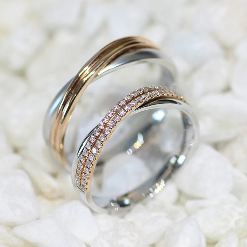 Two Tone Gold Crossover Diamond Couple Wedding Rings