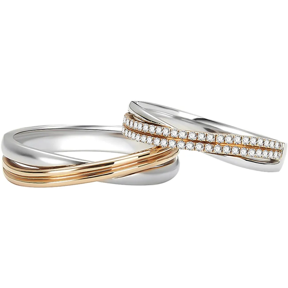 Two Tone Gold Crossover Diamond Couple Wedding Rings