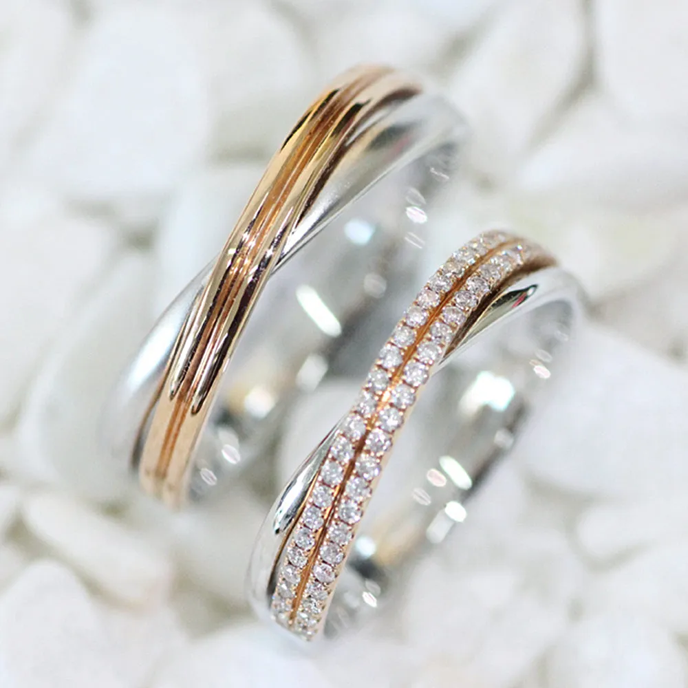 Two Tone Gold Crossover Diamond Couple Wedding Rings