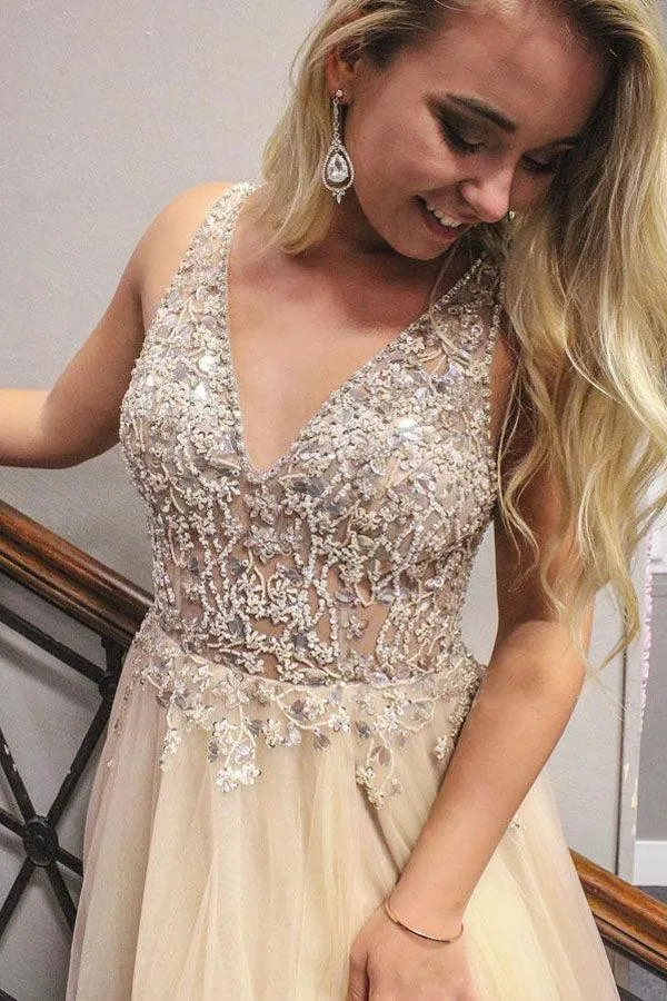 V-Neck Beading Tulle Long Prom Dress Junior Split Evening Party Dress TP0897