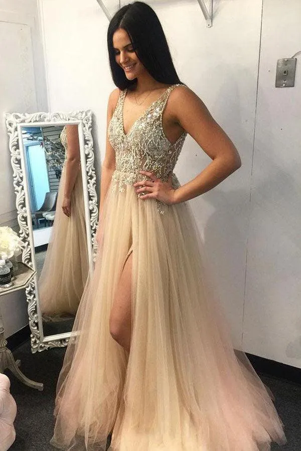 V-Neck Beading Tulle Long Prom Dress Junior Split Evening Party Dress TP0897
