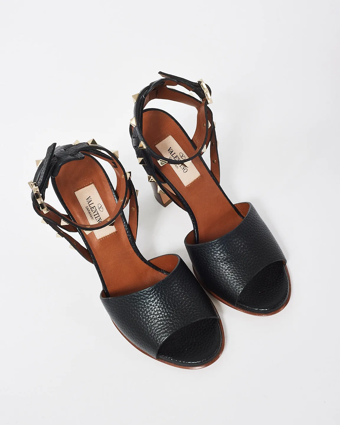 Valentino Black Pebbled Calfskin Leather Rockstud Ankle Strap Sandals - 38
