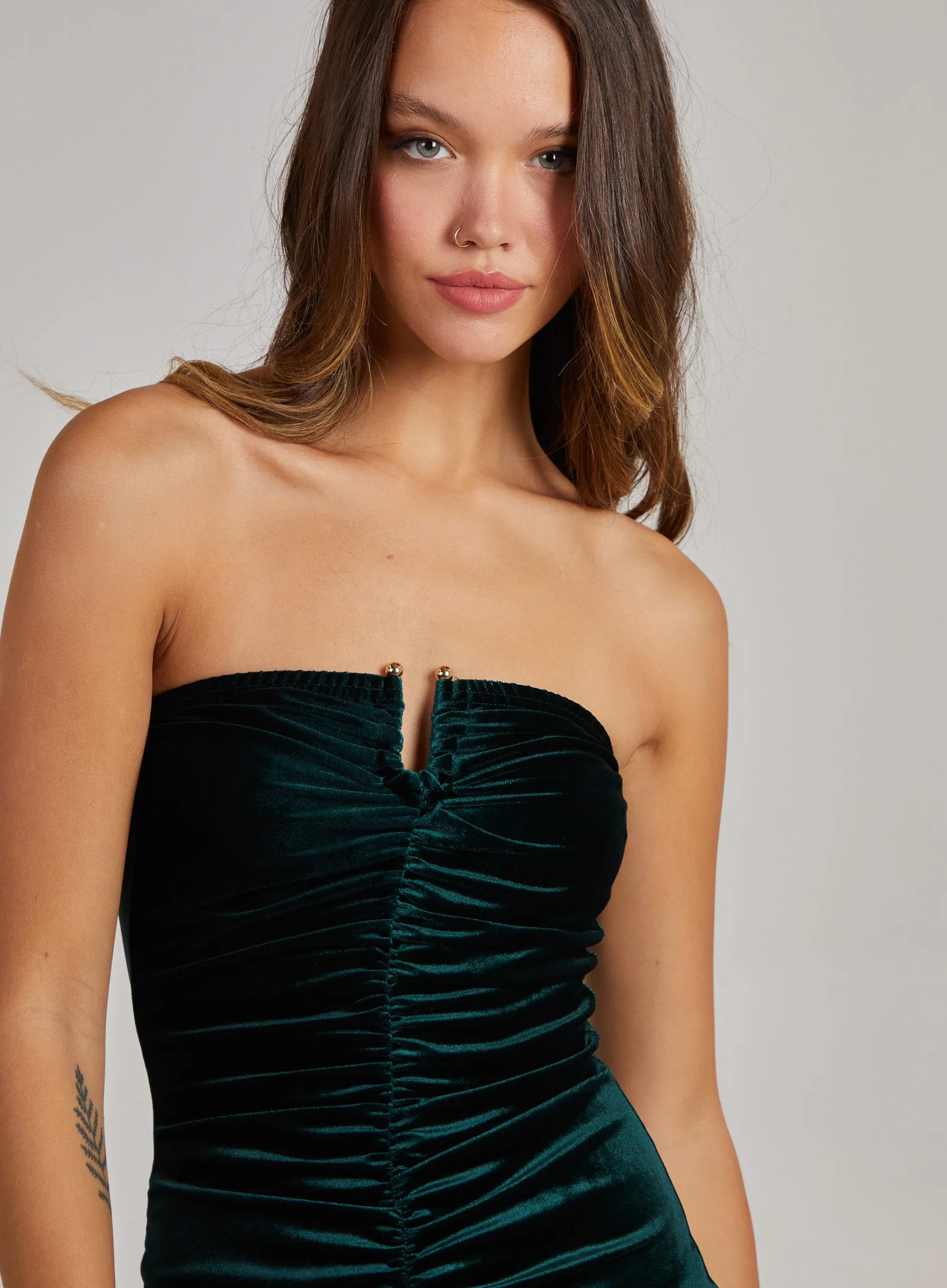 Velvet Gold Trim Ruched Dress