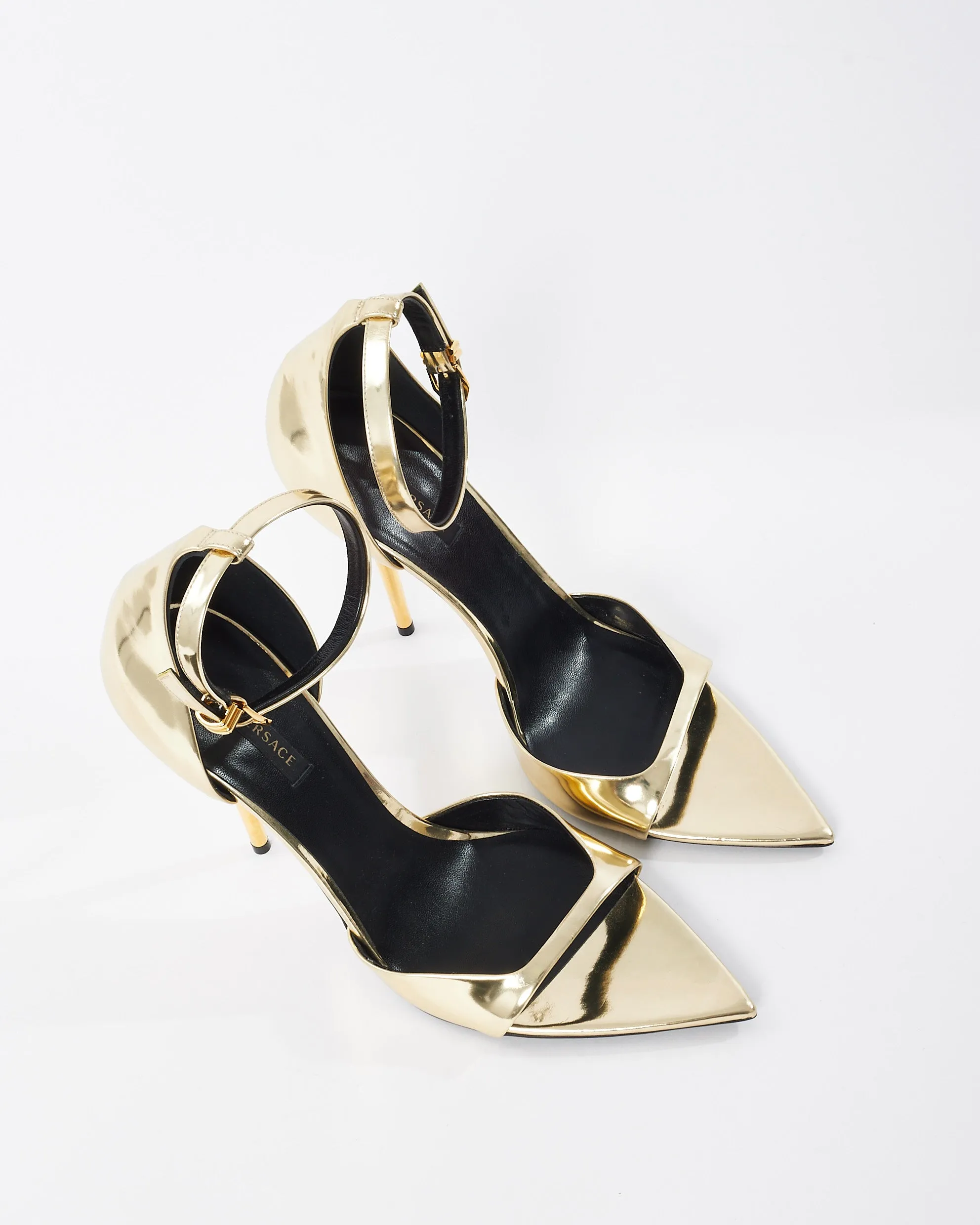 Versace Gold Patent Leather Ankle Strap Stiletto Sandals - 41
