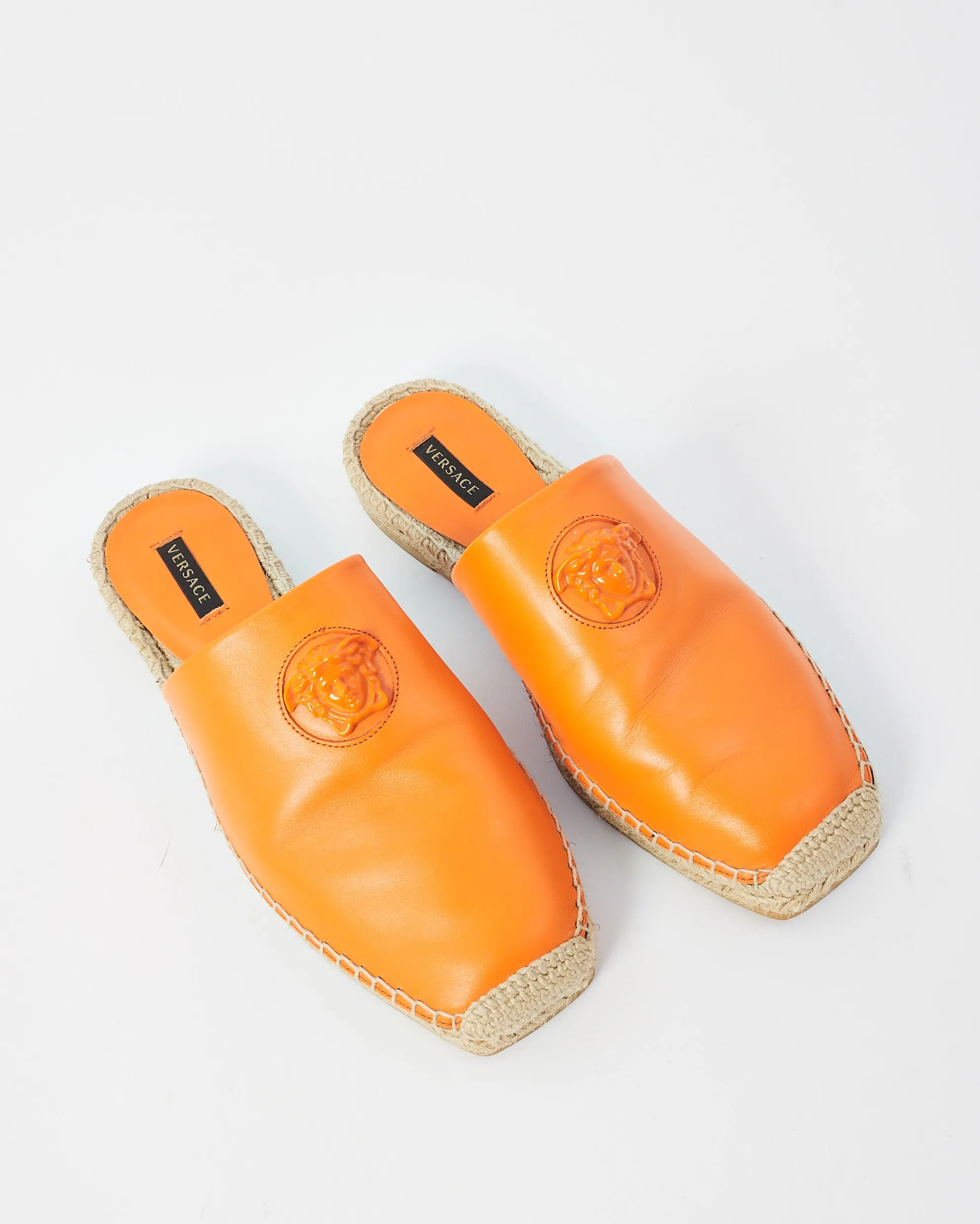 Versace Orange Leather Medusa Mule Espadrilles - 37