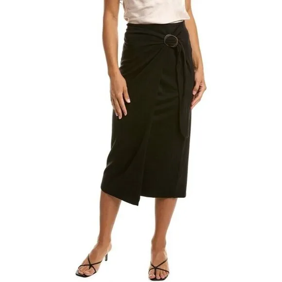 Vince Black Faux Wrap Midi Skirt With Ring Side Knot Design Women Small
