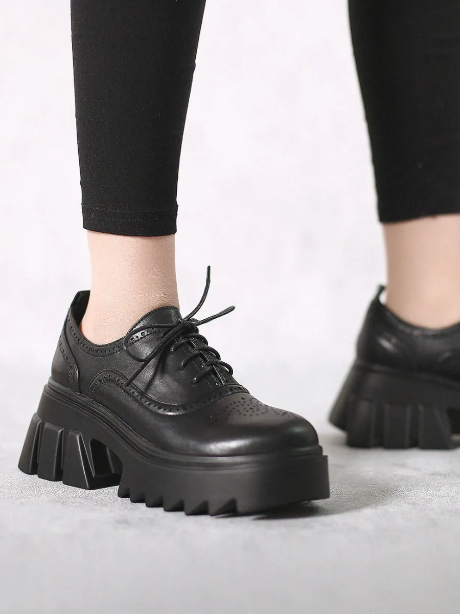 Vintage Black Leather Platform Oxford - Black