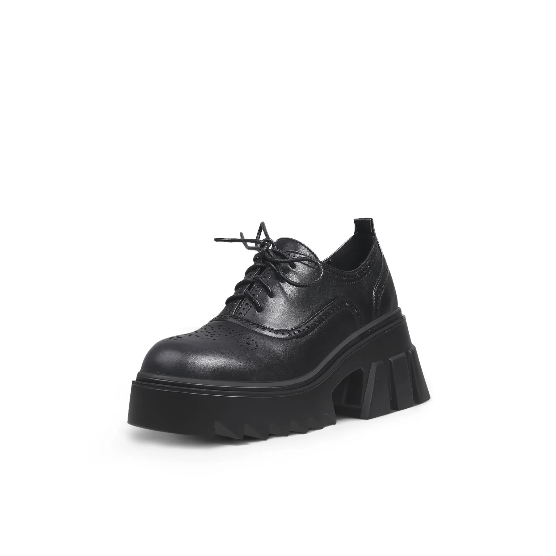 Vintage Black Leather Platform Oxford - Black