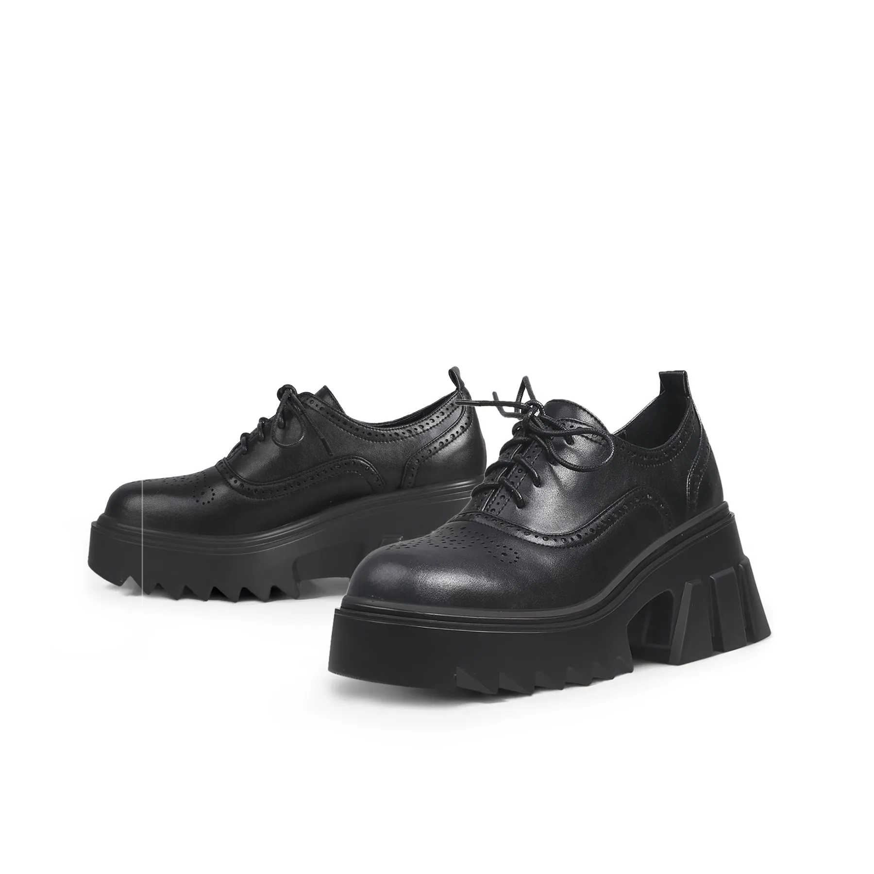 Vintage Black Leather Platform Oxford - Black