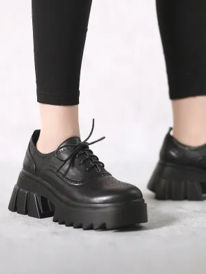 Vintage Black Leather Platform Oxford - Black