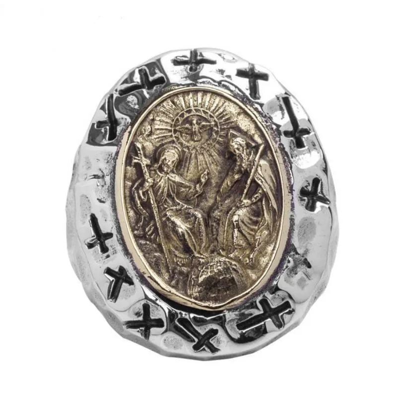 Vintage Golden Man Holding A Cross High Quality Metal Ring Men Religious Style Punk Jewelry