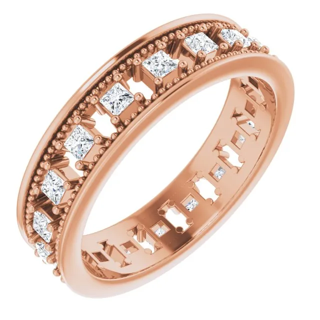 Vintage Style 0.54 ct. Princess Diamond Milgrain Accent Eternity Band