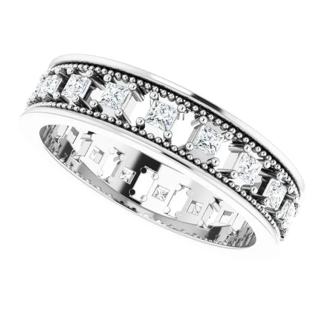 Vintage Style 0.54 ct. Princess Diamond Milgrain Accent Eternity Band