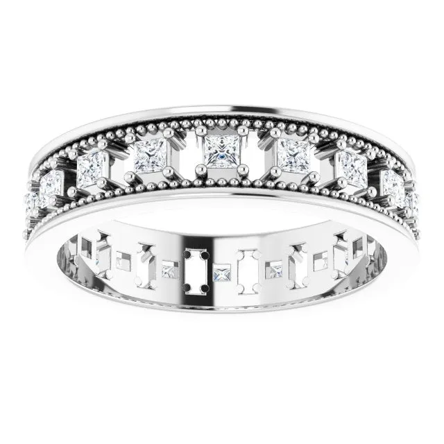 Vintage Style 0.54 ct. Princess Diamond Milgrain Accent Eternity Band
