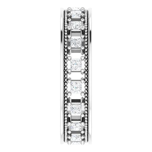 Vintage Style 0.54 ct. Princess Diamond Milgrain Accent Eternity Band