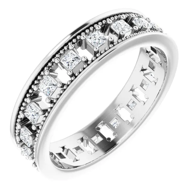Vintage Style 0.54 ct. Princess Diamond Milgrain Accent Eternity Band