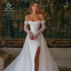 Wedding Dress Beading Split Mermaid Detachable Train Princess Bride Gown