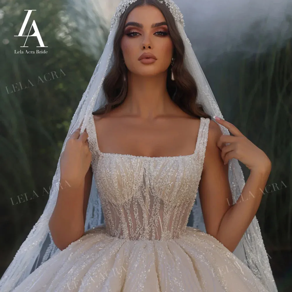 Wedding Dress Gorgeous Square Collar Beading Ball Gown Princess Bride