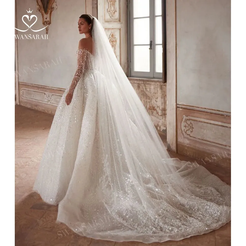 Wedding Dress Long Sleeve Beading Chapel Train Princess Bride
