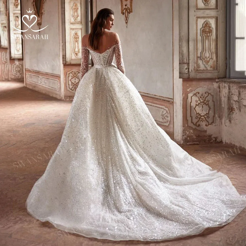 Wedding Dress Long Sleeve Beading Chapel Train Princess Bride