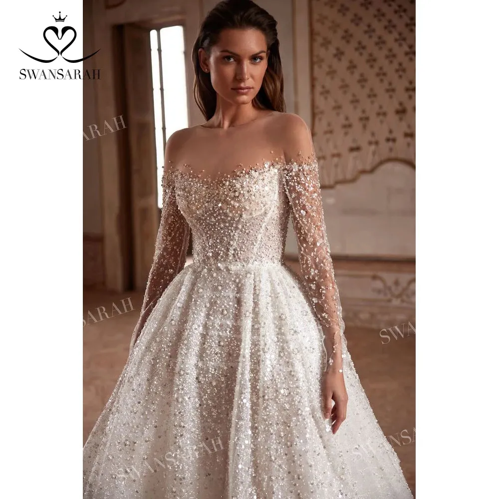 Wedding Dress Long Sleeve Beading Chapel Train Princess Bride