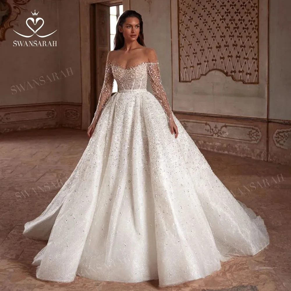 Wedding Dress Long Sleeve Beading Chapel Train Princess Bride