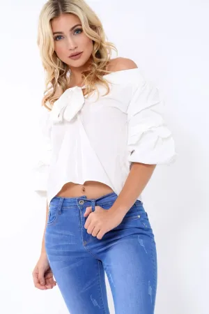 White Bardot Ruched Sleeve Top -  Kiera
