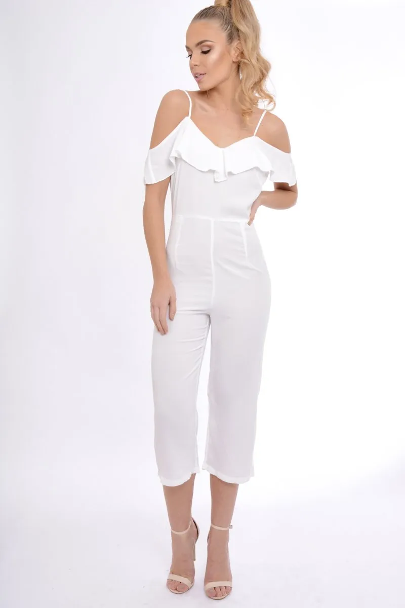 White Bardot Strap Frill Cropped Jumpsuit - Leni