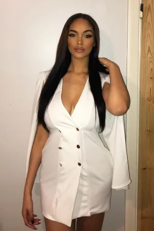 White Button Front Cape Sleeve Blazer Dress - Abraya