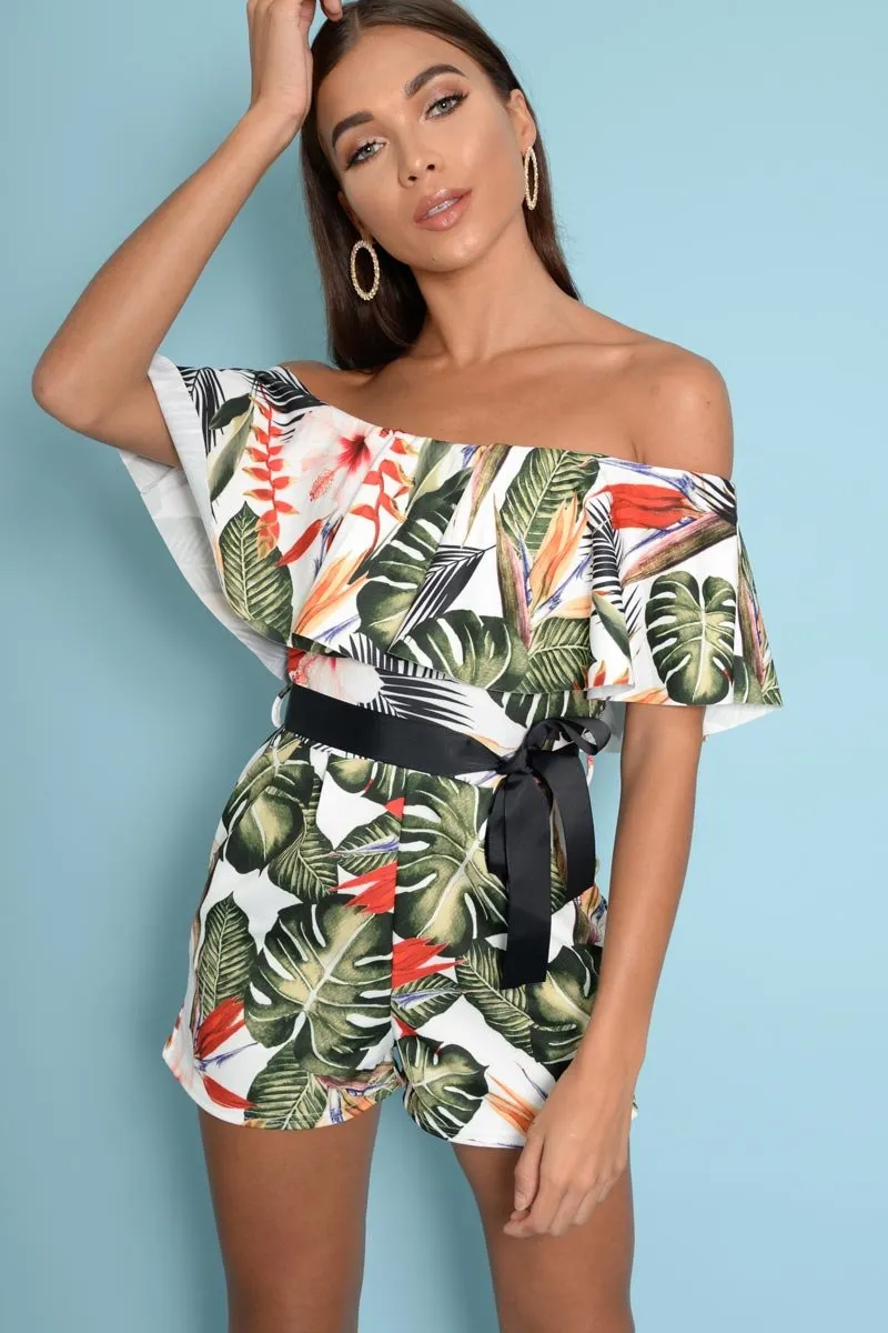 White Floral Bardot Frill Playsuit - Rylinn