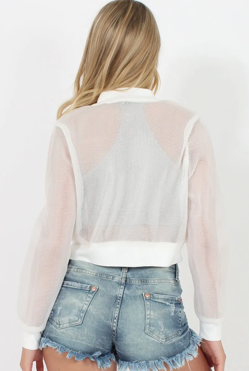 White Mesh Cropped Bomber Jacket - Melrose