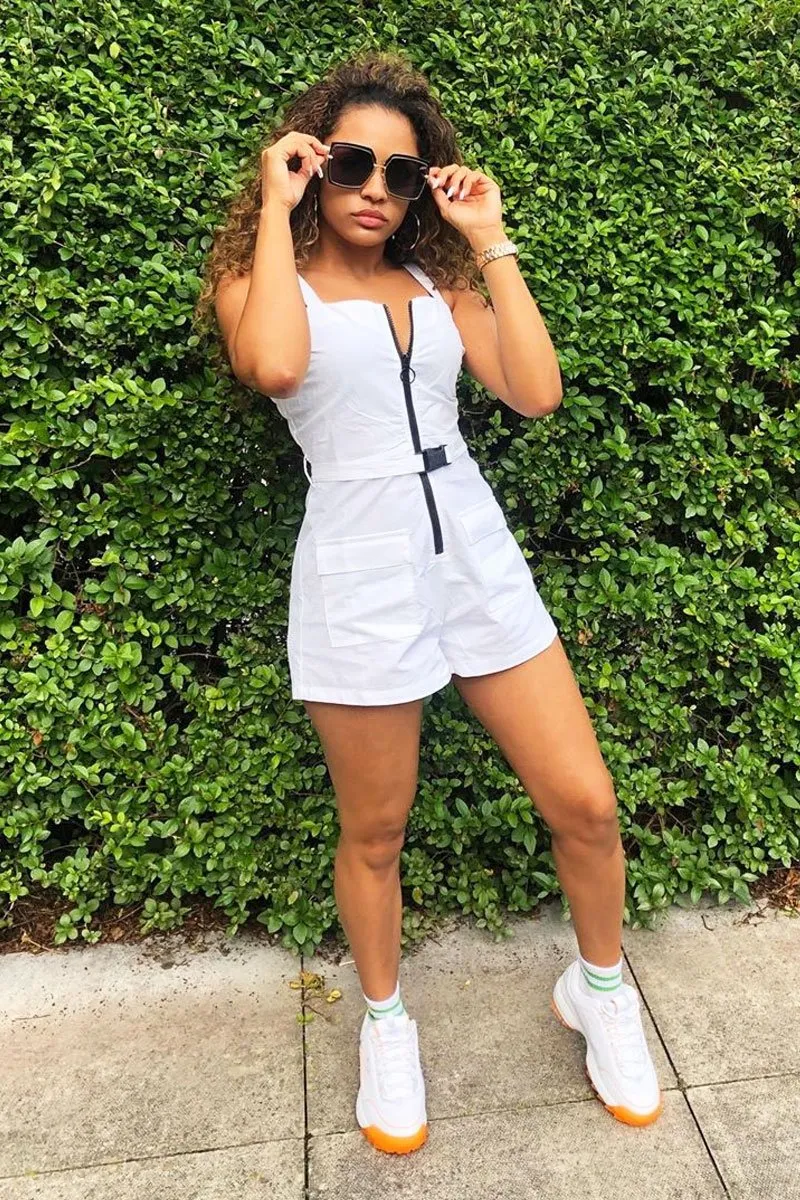 White Plunge Belted Waist Sleeveless Playsuit - Kerstyn
