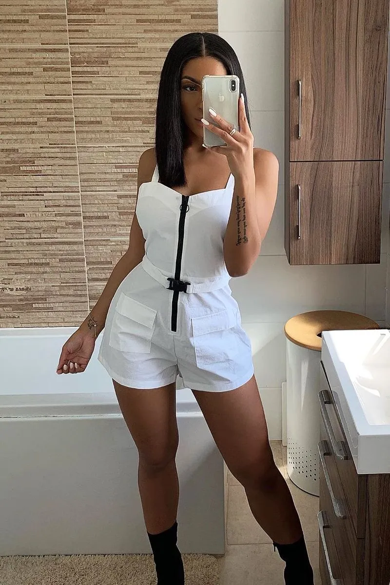 White Plunge Belted Waist Sleeveless Playsuit - Kerstyn