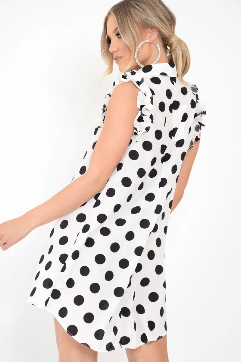 White Polka Dot Frill Shirt Dress - Baylin